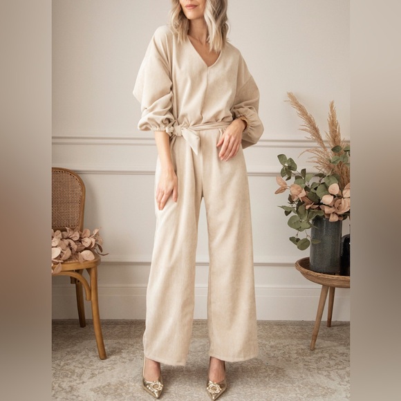 V-Neck Tie Waist Wide Leg Jumpsuit